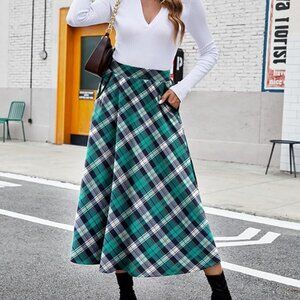 Women Fall Winter Classic Plaid A-line Vintage High Elastic Waist Midi Skirt